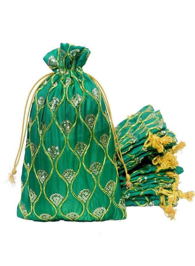 Dulhan Set of 10 Small Size Silk Fabric JHAROKHA Potli Bags for Return Gifts with embroidered Heavy Sequin Work, Green ethnic potli jewelry bag for karvachauth Women Handbag 9 x 12 inches - Image 1